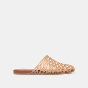 DOLCE VITA - GINNA JELLY FLATS IN WHISKEY featuring a tan jelly flat with a woven, crisscross cage design in a versatile slip-on sandal style.