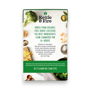 A 16.9-ounce (477g) carton of KETTLE & FIRE - BROCCOLI CHEDDAR KETO SOUP, featuring organic broccoli and sharp cheddar. The front label highlights 15g of protein per serving, 3g net carbs, and chicken bone broth made from organic, free-range chicken bones. The package is white with green accents.