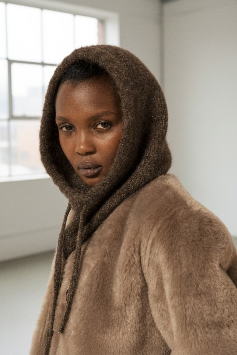 Wearing the HARTFORD MEVA Hood in Chocolate, a person gazes seriously at the camera against a plain background.