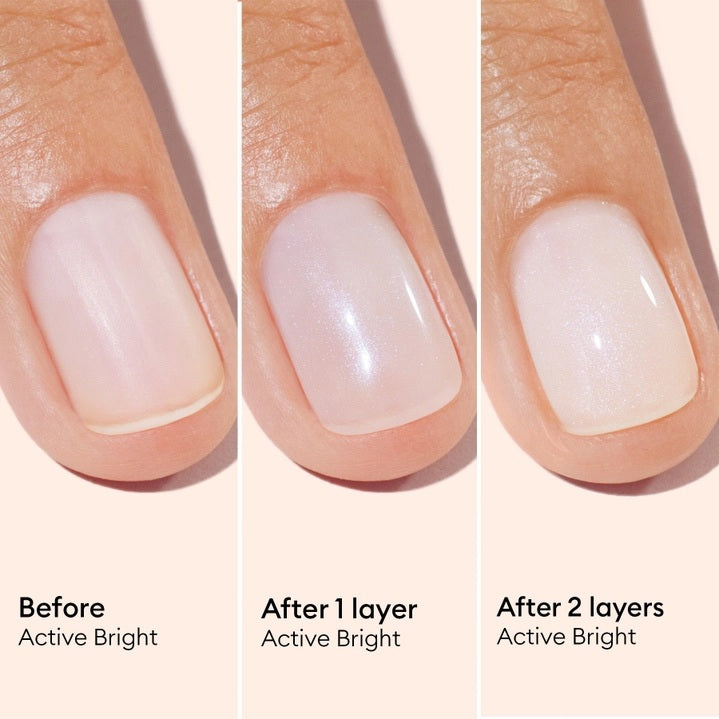 A nail polish brush and swatches appear beside text featuring the MANUCURIST - ACTIVE™ BRIGHT TREATMENT POLISH by MANUCURIST INC, emphasizing easy application, fast drying, a buildable make-up effect, and an enriched formula with active ingredients—perfect for plant-based nail care or as a brightening treatment polish.