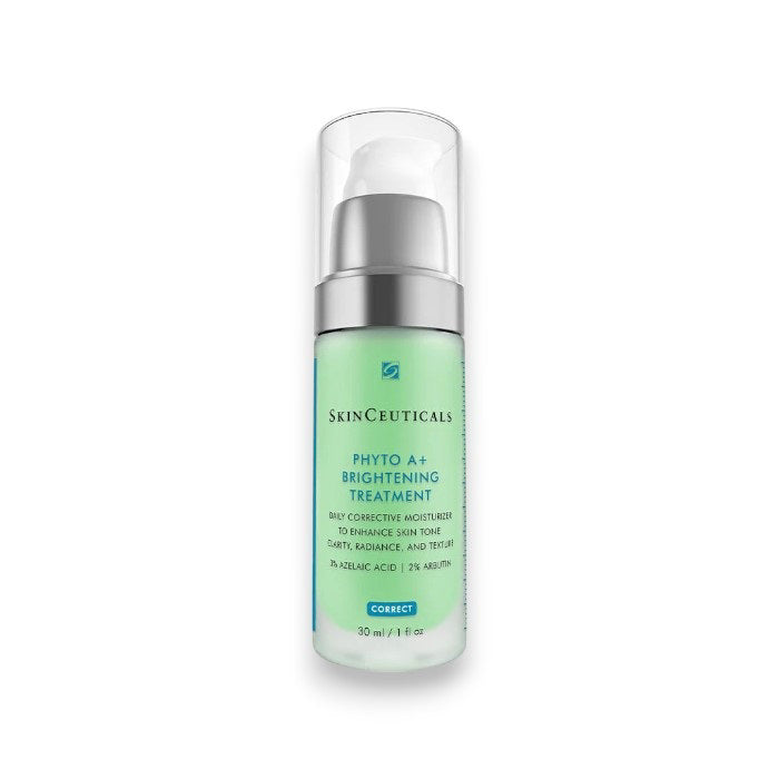A bottle of SKINCEUTICALS - PHYTO A BRIGHTENING TREATMENT, a daily corrective moisturizer from SkinCeuticals, is shown. The clear bottle contains a green liquid and is equipped with a white pump dispenser. The text highlights its purpose as a lightweight moisturizer that enhances skin tone, clarity, radiance, and texture with the inclusion of azelaic acid.
