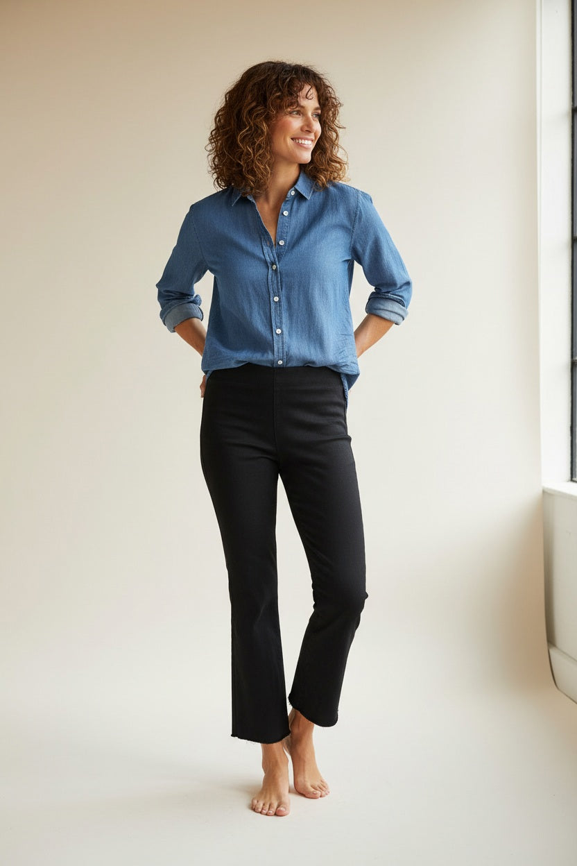 FRANK & EILEEN's Killian Illusion Crop Flare Pull-On Jeans, echoing the elegance of Italian Dream Denim, are showcased against a white background.