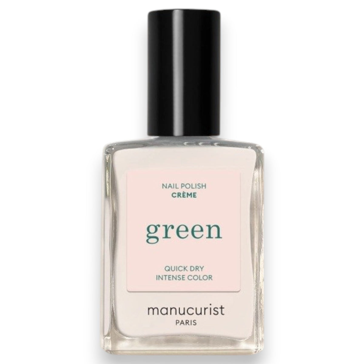 A hand with neatly manicured off-white nails, painted with MANUCURIST - GREEN™ NAIL POLISH IN CREAM by MANUCURIST INC, rests on a rich red textured fabric, creating a striking contrast between the nail color and the background.