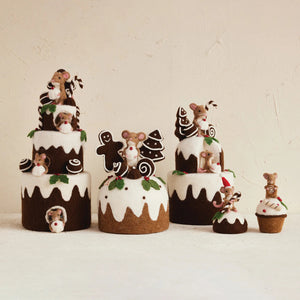 The CREATIVE COOP HANDMADE 3 TIER CAKE features felt mice and gingerbread cookies on each layer, set against a white background.