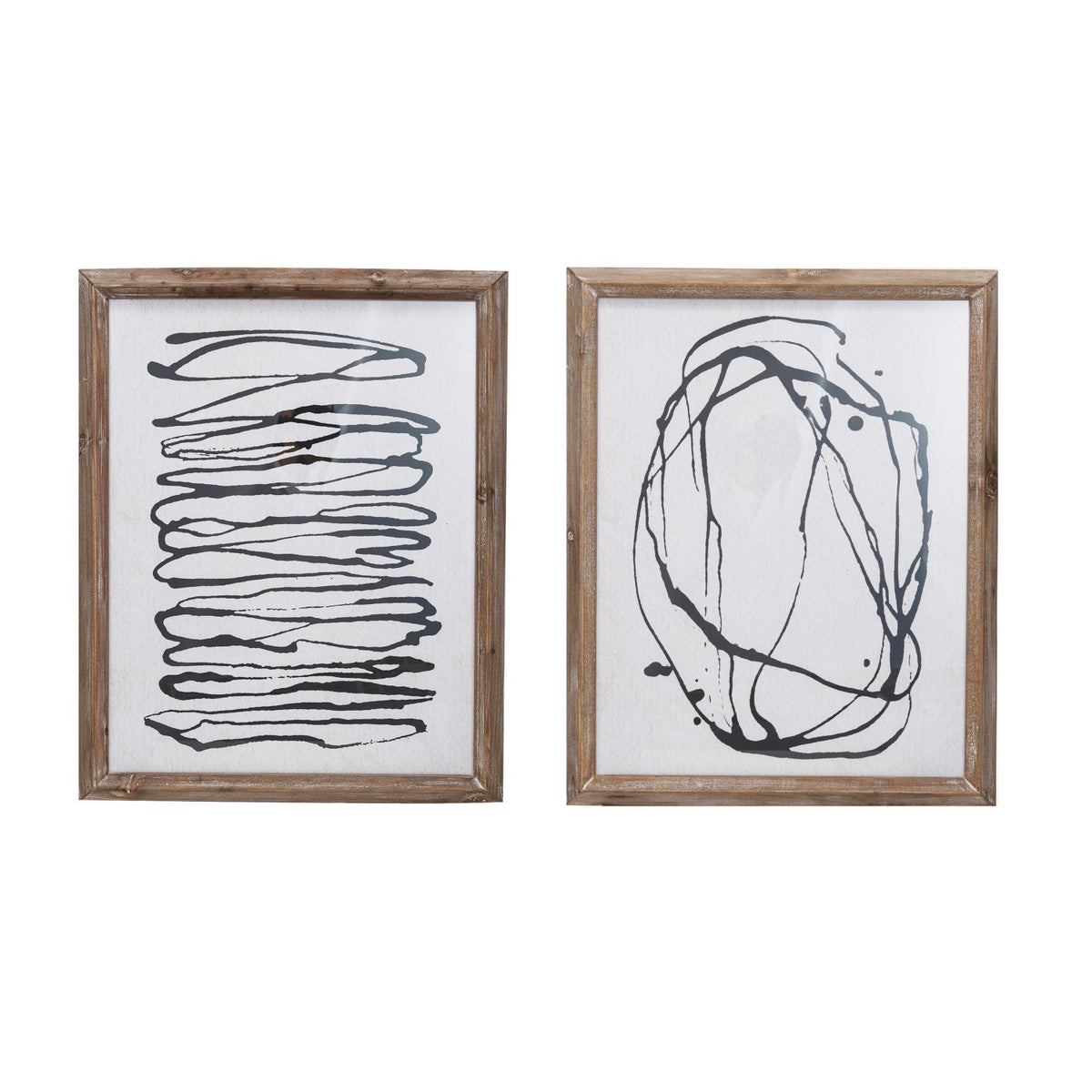 The WOOD FRAMED ABSTRACT LINE ART by CREATIVE COOP features two minimalist prints: one with stacked wavy black lines, the other with looping swirls forming an irregular oval, both on white backgrounds in wooden frames.