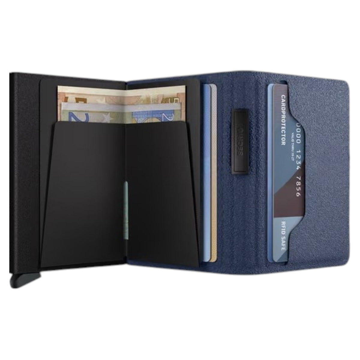 The SECRID - BANDWALLET LIBA® in navy and black features a textured blue design with a black elastic band, offering a slim RFID-protected wallet solution for securely holding cards and cash.