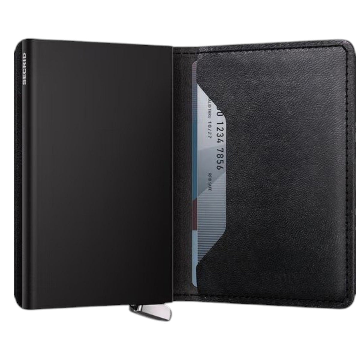 A SECRID - PREMIUM SLIMWALLET+ EMBOSS LINES IN BLACK, crafted from black leather with embossed horizontal lines, features a secure metal button closure, a side card slot, and the SECRID logo embossed on the lower front. This wallet is RFID-protected for added security.