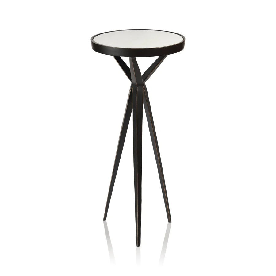 The STUART COCKTAIL TABLE WITH MARBLE TOP - TALL by ZODAX is a modern, small, round table featuring a sleek marble top and three slender black tripod legs.