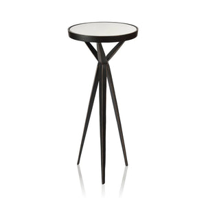 The STUART COCKTAIL TABLE WITH MARBLE TOP - TALL by ZODAX is a modern, small, round table featuring a sleek marble top and three slender black tripod legs.