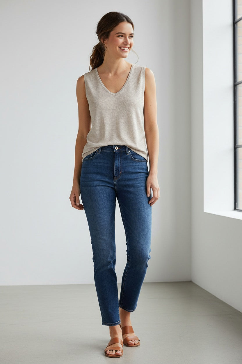 The MOMONI - IXORA KNIT V NECK TANK, a sleeveless blue lurex viscose top, features a deep V-neck displayed against a white background. Its soft, shimmering texture hints at luxury, with a "Made in Italy" label discreetly sewn in the neckline.