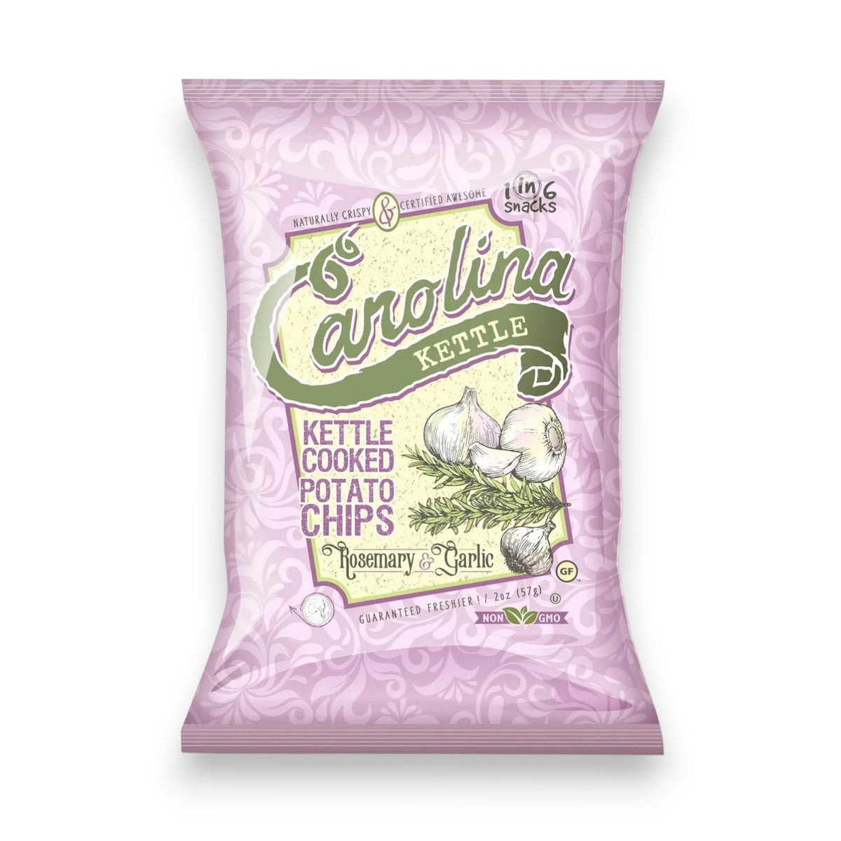 A pink 5oz bag of 1 IN 6 SNACKS CAROLINA KETTLE - ROSEMARY &amp; GARLIC CHIPS features gourmet rosemary garlic flavor, illustrated with garlic and rosemary, plus non-GMO and gluten-free labels on the front.
