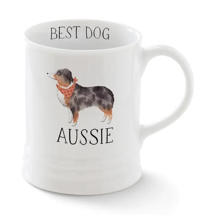 The FRINGE STUDIO - CERAMIC AUSSIE MUG by PET SHOP BY FRINGE STUDIO features an Australian Shepherd in a red bandana with "BEST DOG" and "AUSSIE" text. Dishwasher safe, perfect for Aussie lovers.