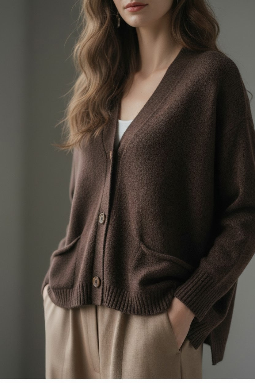 A woman with wavy brown hair stands with her hands in her pockets against a neutral background, wearing the FLOOR - SWEATER CARDIGAN WITH POCKETS by FLOOR, an oversized cropped wool cardigan made in Italy, layered over a white top and beige pants.