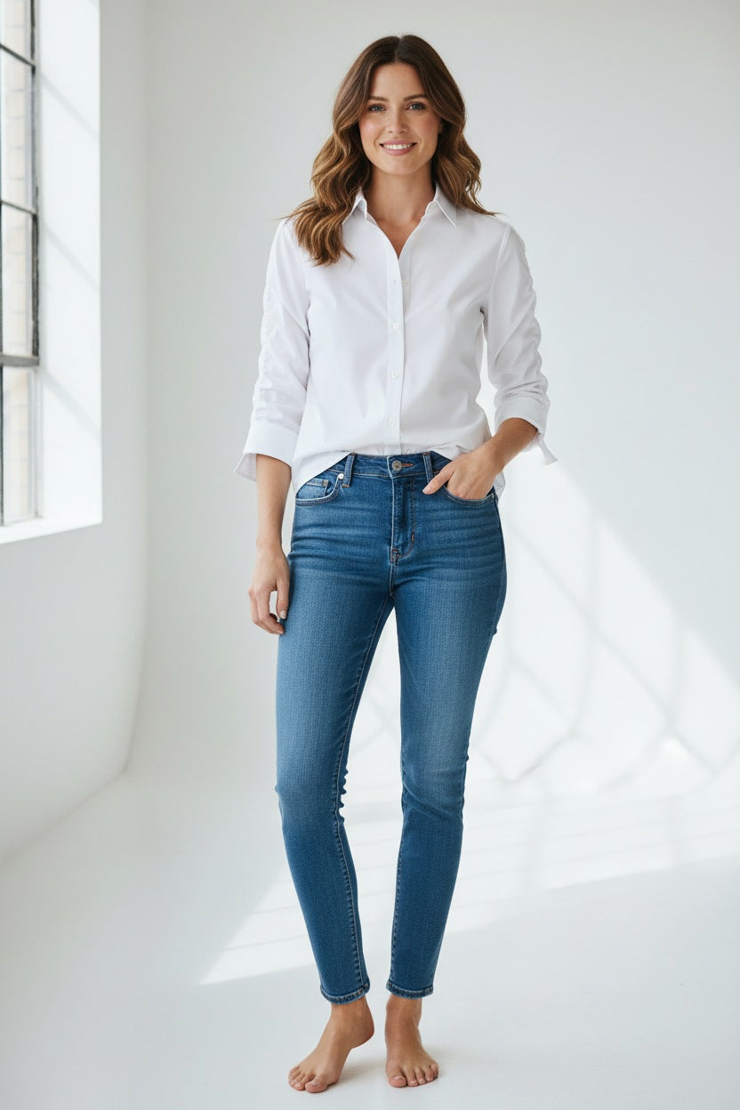 Fearrington Village HINSON WU white cotton blend shirt with 3/4 ruched sleeves and point collar on a model