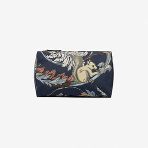 The INOUI EDITIONS ROCOCO Nylon Cosmetic Case by INOUI is a dark blue rectangular pouch made from recycled polyester, featuring a zipper and an elegant print of a squirrel, mushrooms, and ornate foliage in muted earth tones.