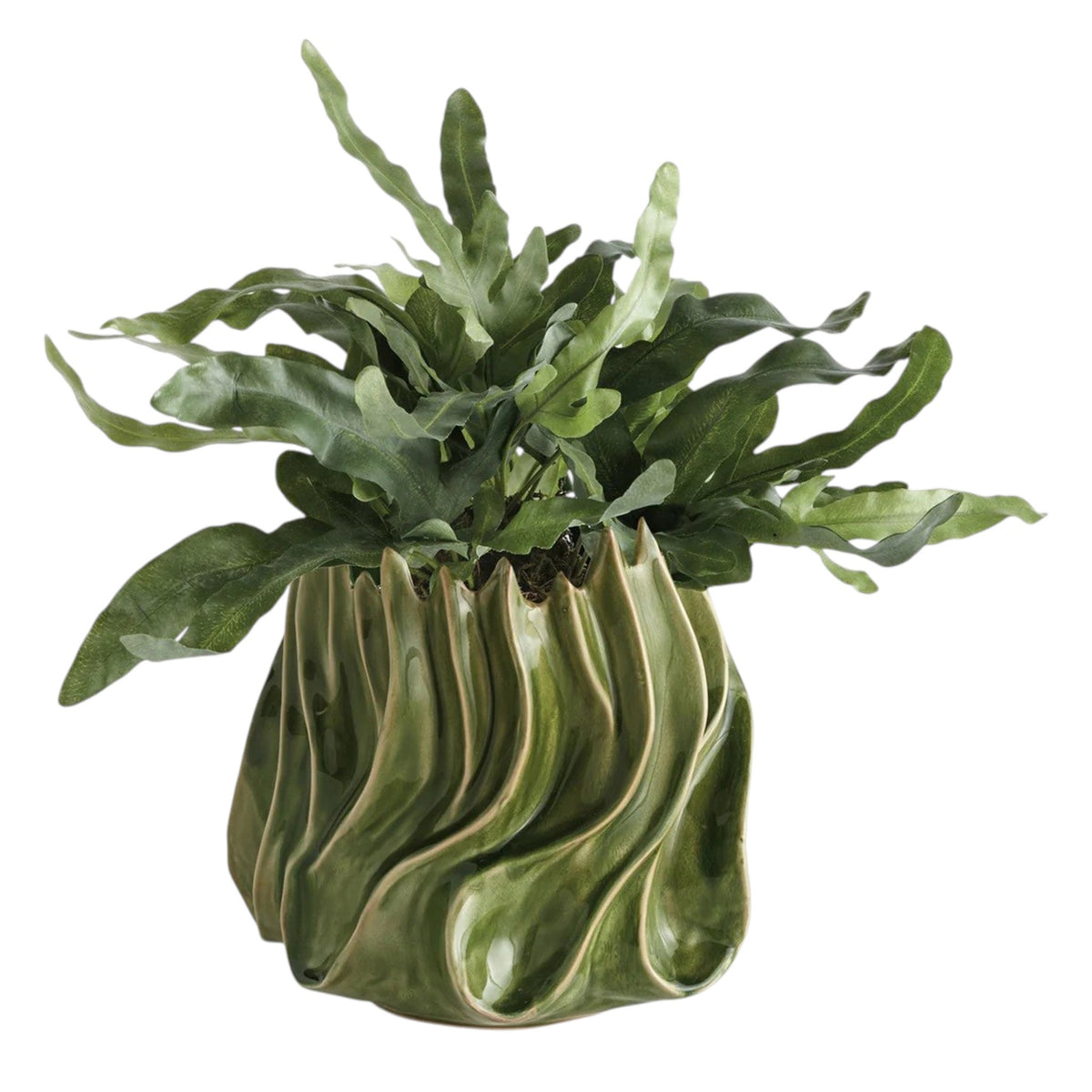 The NAPA HOME AND GARDEN - GREEN CALLISTA VASE, MEDIUM features a sculptural design with glossy green handcrafted ceramic, showcasing wavy, flame-like edges and ridges that evoke the look of abstract leaves or flames. A high-gloss reactive glaze accentuates its flowing, organic exterior shapes, while the interior is finished in a rich dark green.