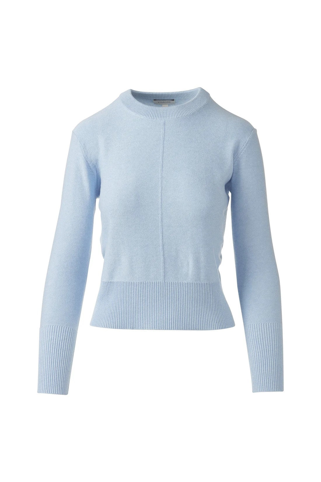 The KINROSS Cashmere Rib Trim Crew Neck Cotton Sweater is a green, long-sleeve pullover with ribbed hem and cuffs, high neckline, central seam detail, and a slightly cropped fit.