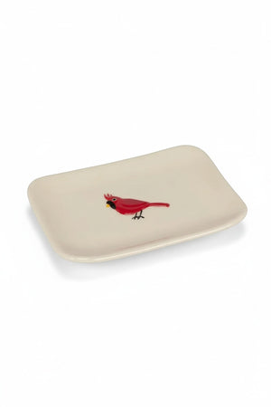 Abbott CARDINAL RECTANGLE PLATE: a rectangular off-white stoneware plate with a red cardinal illustration in the center.
