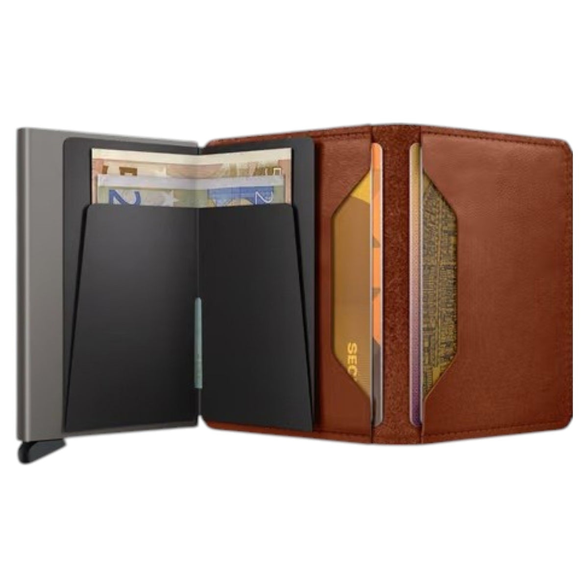 A slim, rectangular SECRID Slimwallet Texano in Saddle stands vertically, featuring a metallic finish with wooden sides. The brand name “SECRID” is printed in white near the top, exemplifying a blend of style and RFID protection for your essentials.