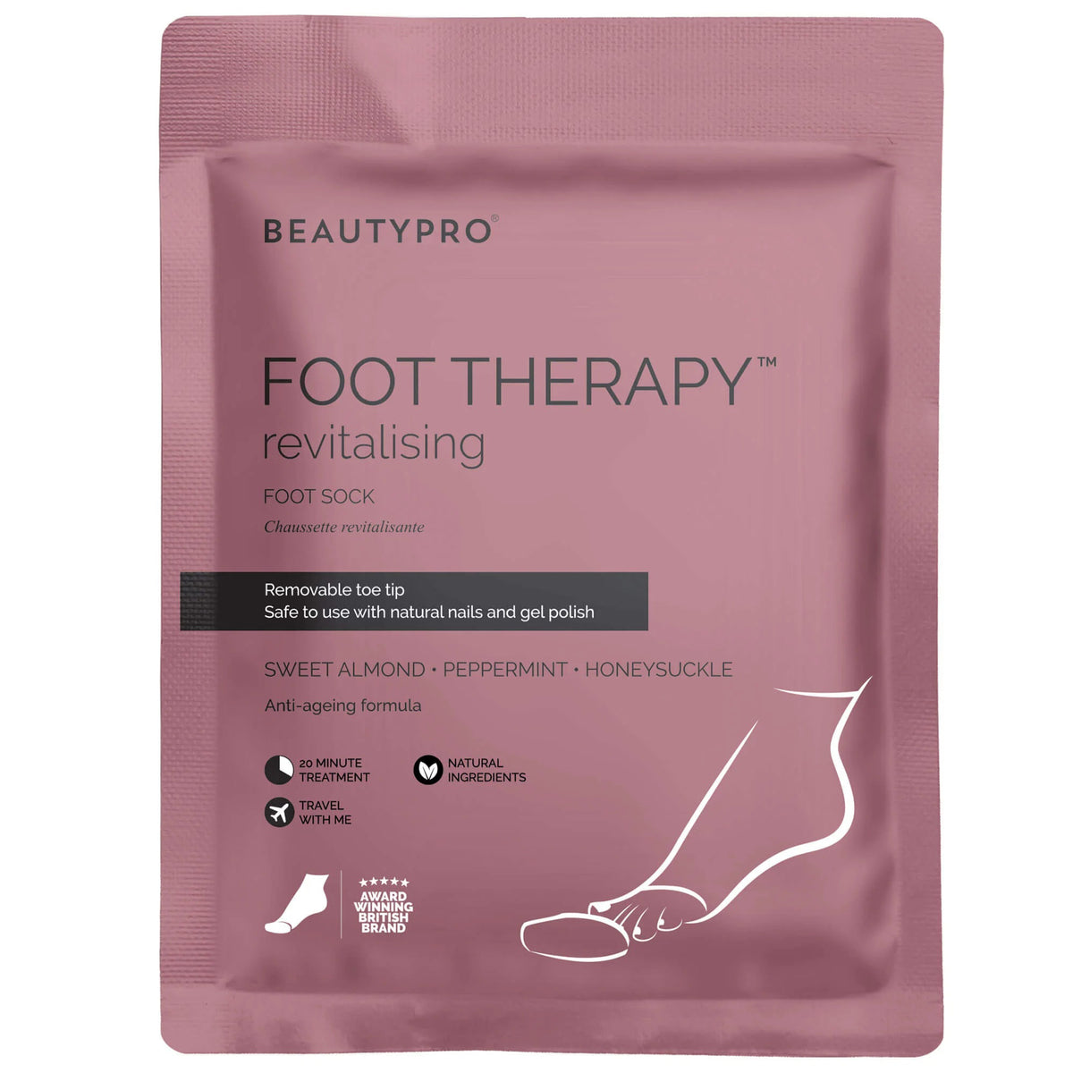 The BEAUTY PRO BEAUTYPRO - FOOT THERAPY BOOTIE comes in pink packaging and provides a 20-minute, vegan treatment with a removable toe tip. Scented with sweet almond, peppermint, and honeysuckle, this anti-ageing formula is moisturizing and suitable for use with nail polish.