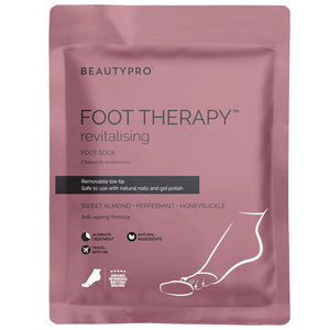 The BEAUTY PRO BEAUTYPRO - FOOT THERAPY BOOTIE comes in pink packaging and provides a 20-minute, vegan treatment with a removable toe tip. Scented with sweet almond, peppermint, and honeysuckle, this anti-ageing formula is moisturizing and suitable for use with nail polish.