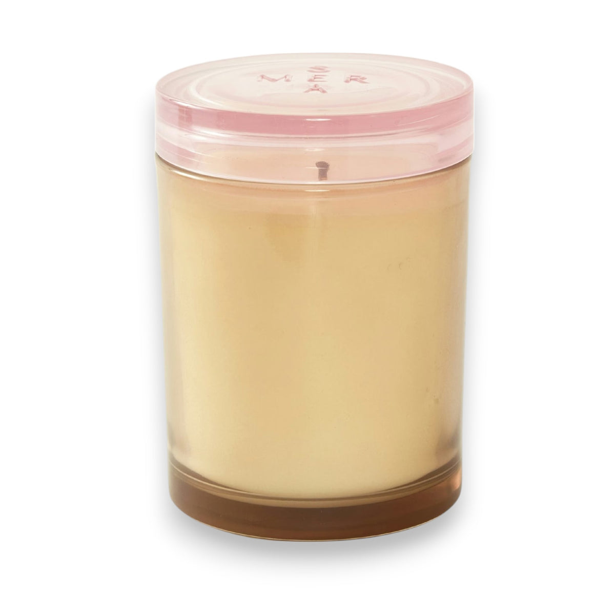 The MERSEA Coconut Sugar Jolie Jar Candle features a beige soy wax blend in a clear glass jar with a light pink lid, shown against a white background.