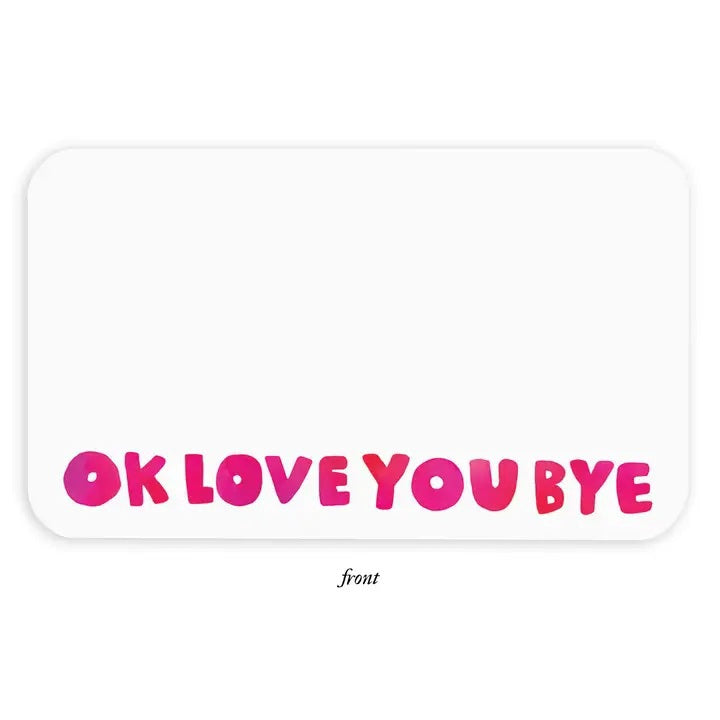 The E. FRANCES PAPER "LITTLE NOTES OKLOVEYOUBYE" set includes white mini cards with "OK LOVE YOU BYE" in pink, a smiley face on the back, and a yellow pencil—perfect for sharing heartfelt notes.