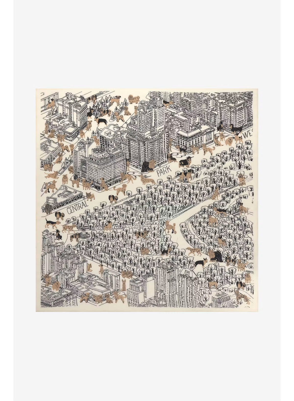 An intricately illustrated map of Central Park, New York, featuring surrounding buildings, trees, and warmly dressed people wrapped in cozy scarves—many reminiscent of the INOUI EDITIONS - CENTRAL PARK WOOL SCARF IN BEIGE by INOUI—comes alive with handwritten labels and a sepia-toned palette. Inspired by the inviting warmth and comfort of this 100% wool scarf made in India, the artwork beautifully evokes the iconic cityscape’s welcoming atmosphere.