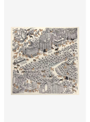 An intricately illustrated map of Central Park, New York, featuring surrounding buildings, trees, and warmly dressed people wrapped in cozy scarves—many reminiscent of the INOUI EDITIONS - CENTRAL PARK WOOL SCARF IN BEIGE by INOUI—comes alive with handwritten labels and a sepia-toned palette. Inspired by the inviting warmth and comfort of this 100% wool scarf made in India, the artwork beautifully evokes the iconic cityscape’s welcoming atmosphere.