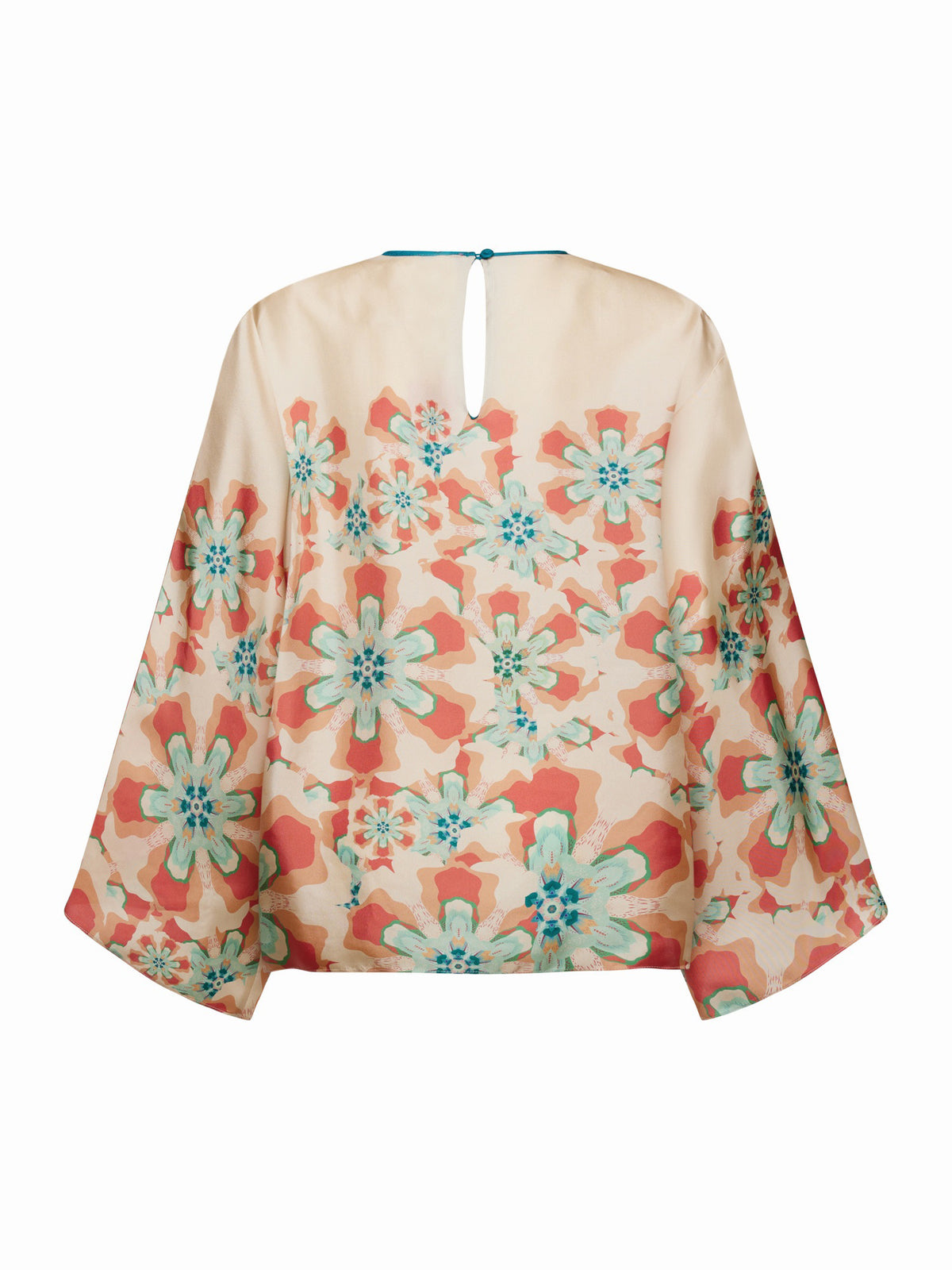 The FRANCO FERRARI - WIDE SLEEVE CORAL BLOUSE features a flowy, lightweight silk design with a floral print in teal, orange, and beige. Perfect for vacation dressing, it has a slightly sheer fabric with a round neckline and back button closure.