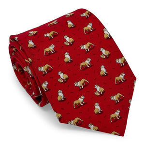 The BIRD DOG BAY - Bulldog Bonanza Silk Tie in Red features a playful repeating pattern of illustrated brown and white bulldogs, making it the perfect unique accessory for dog lovers.