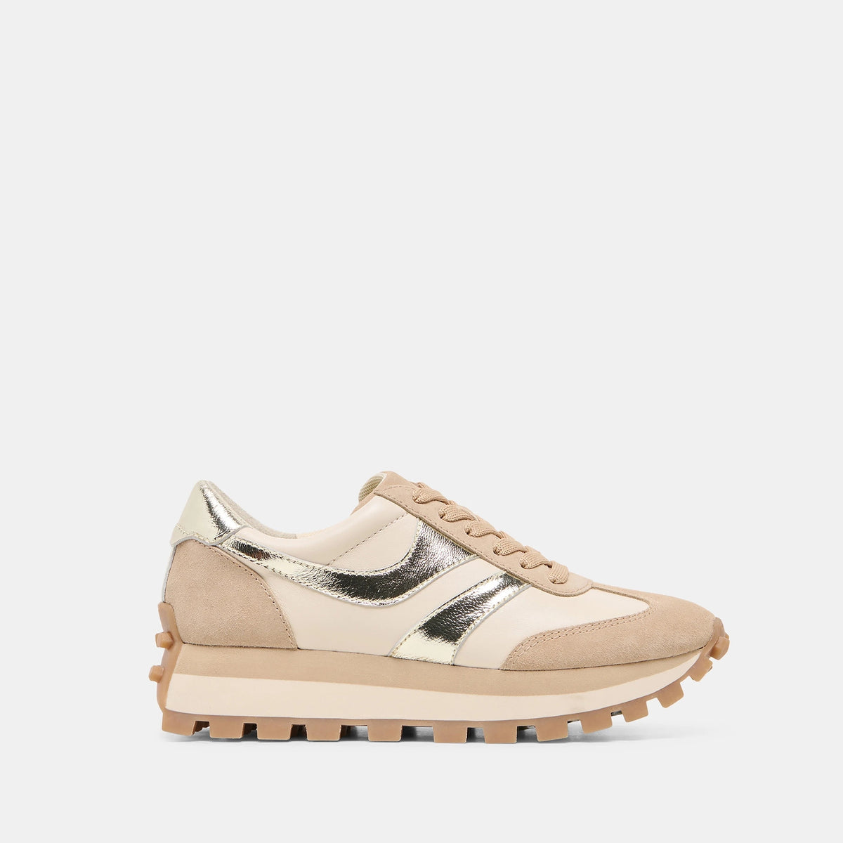 DOLCE VITA - TRESA SNEAKERS IN WHITE & GOLD SUEDE, a low-top sneaker in beige and layered suede with metallic gold accents and a sporty lug sole.