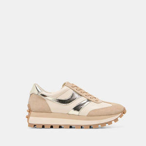 DOLCE VITA - TRESA SNEAKERS IN WHITE & GOLD SUEDE, a low-top sneaker in beige and layered suede with metallic gold accents and a sporty lug sole.