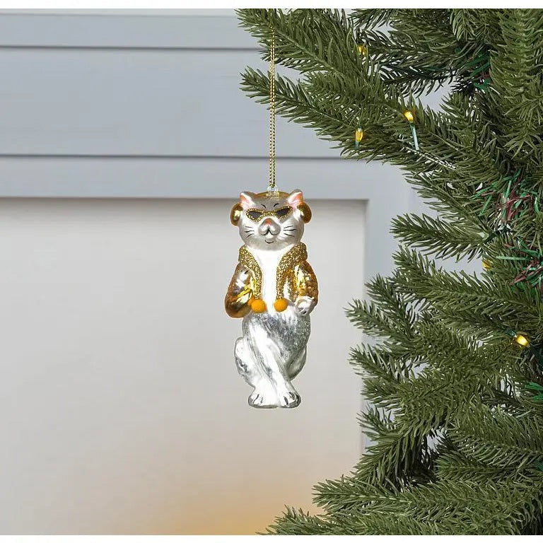 COOL MUSIC CAT ORNAMENT: a white glass cat wearing sunglasses, gold earmuffs, and a glittery gold scarf.