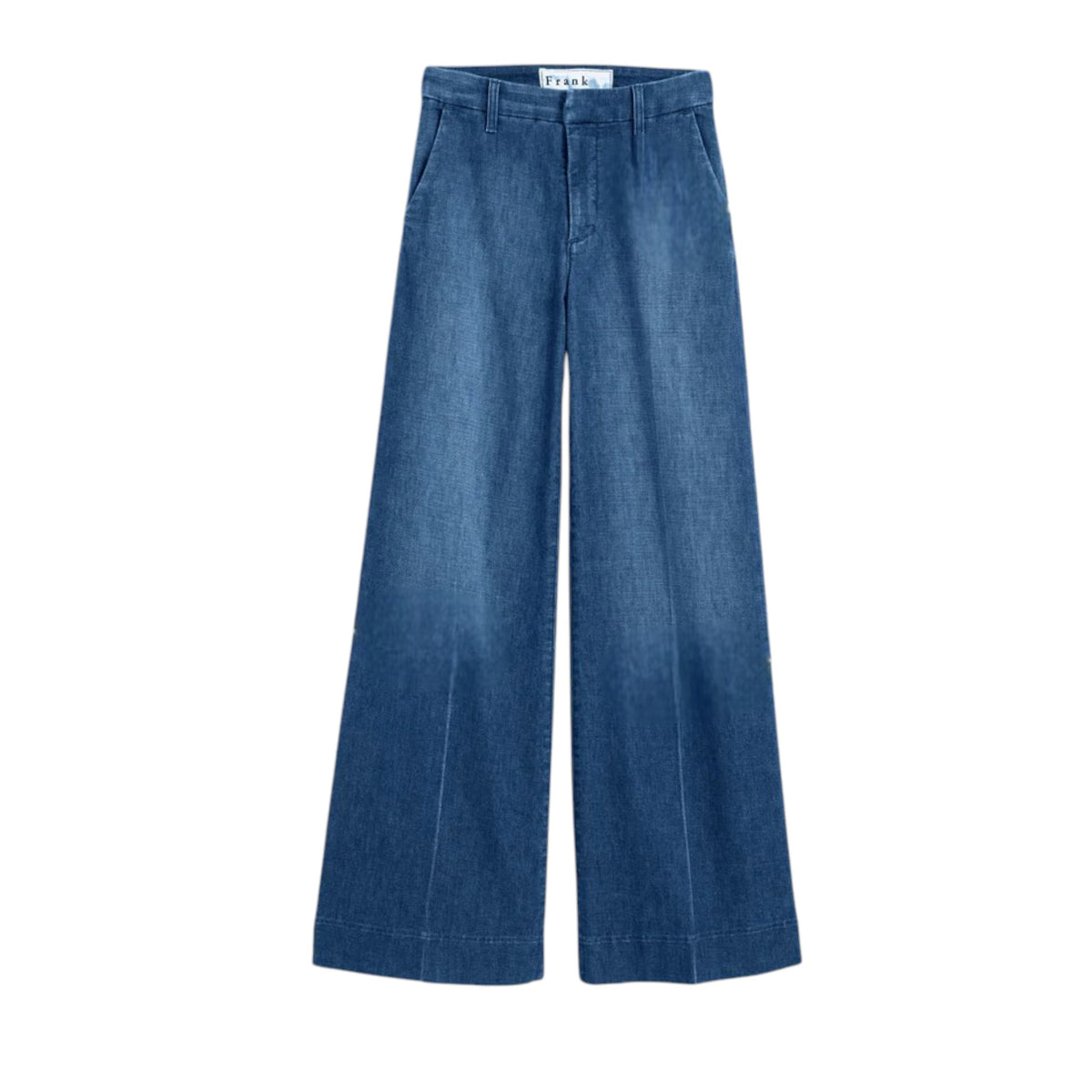 The FRANK &amp; EILEEN West Village NYC Wide Leg Trouser in Italian Dream Light Denim 1986 Wash features front pleats and belt loops, shown flat against a white background for a chic New York City-inspired style.