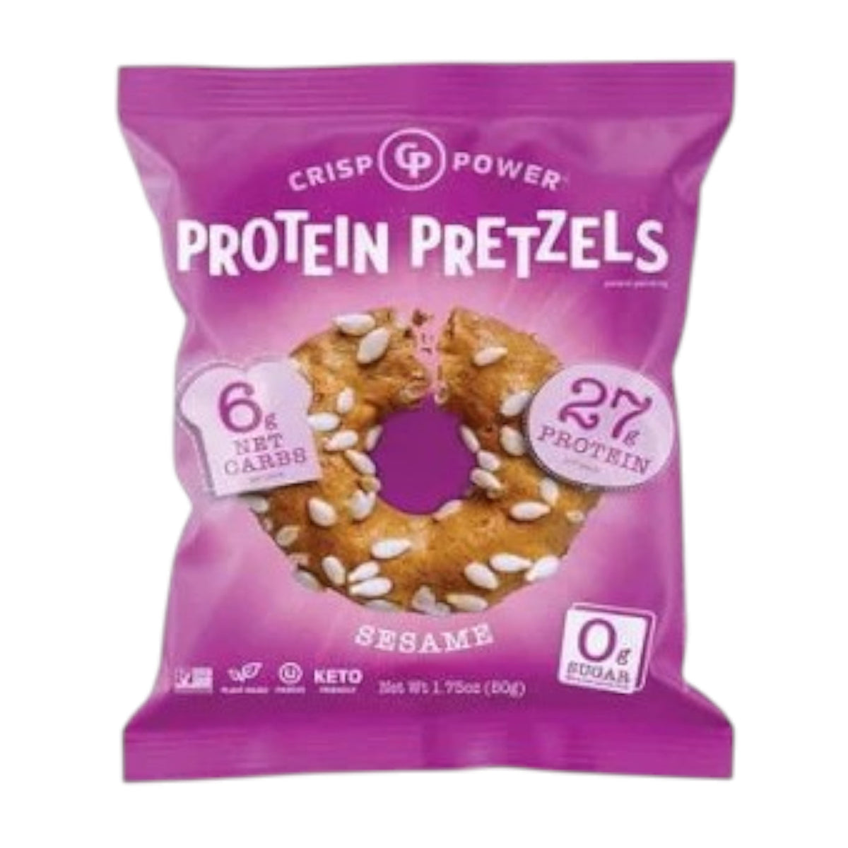 A purple bag of CRISP POWER- PROTEIN PRETZEL SESAME by CRISP POWER, a keto-friendly, plant-based snack. Each bag contains sesame-flavored pretzel rings with 6g net carbs, 27g protein, and 0g sugar. The packaging features sesame-topped rings.
