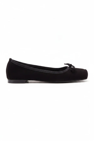 The MICHELE LOPRIORE - PALOMA BALLET FLAT WITH SQUARE TOE is a metallic silver leather shoe made in Italy, with a small bow on the rounded toe, low brown heel, and smooth texture, shown against a plain light background.