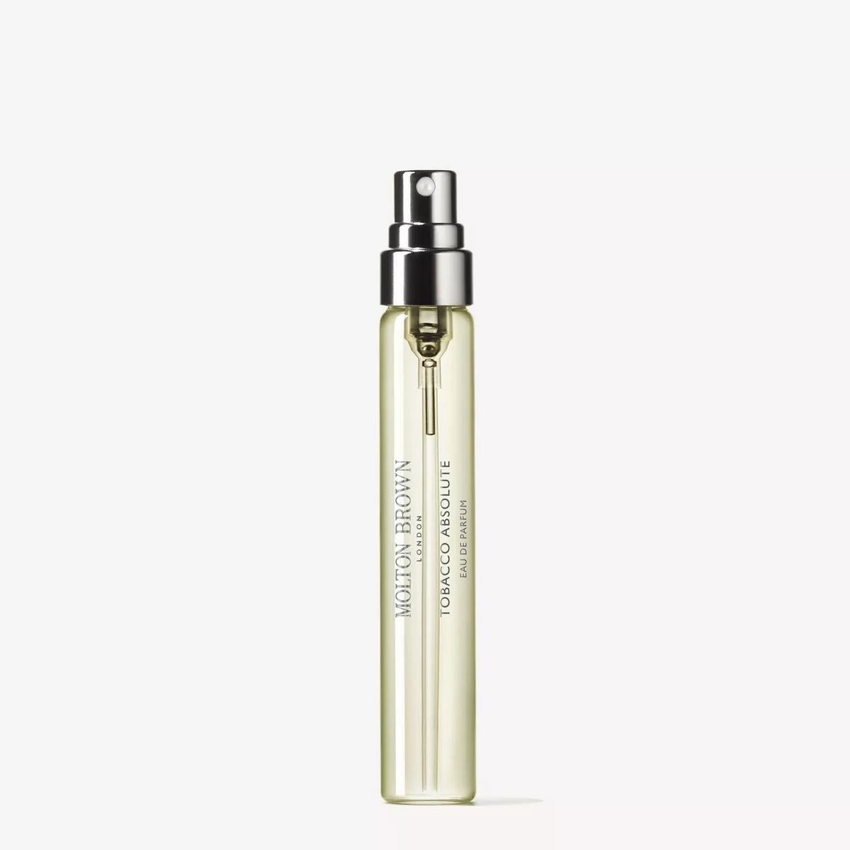 A clear spray bottle with a silver nozzle features MOLTON BROWN's ABSOLUTE TOBACCO TRAVEL EDP 0.25FLOZ, a refined woody scent, set against a plain white background.