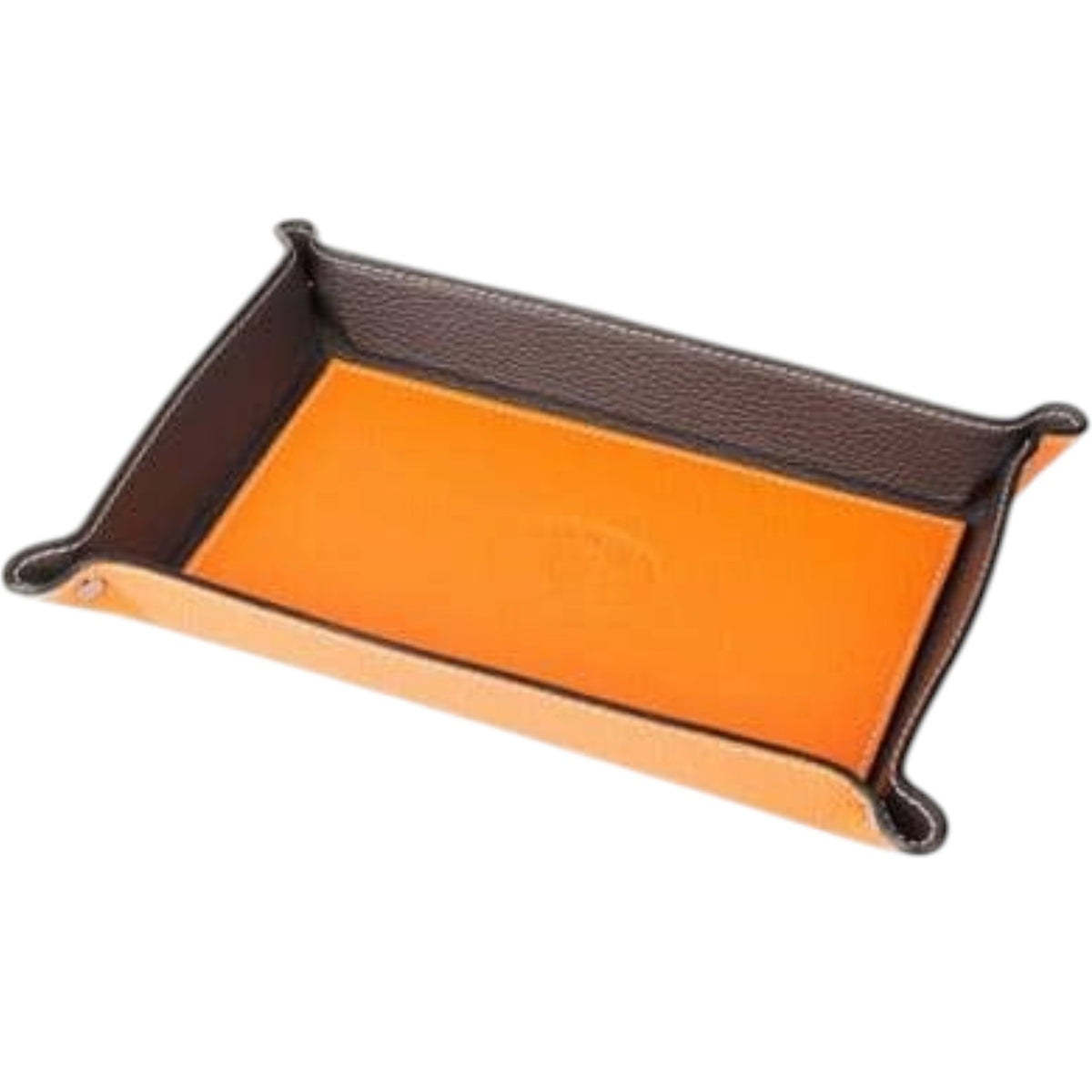 LE BORSETTE large rectangular hammered leather valet tray in orange, handmade in Italy with a brown exterior and secured at the corners with metal snaps.