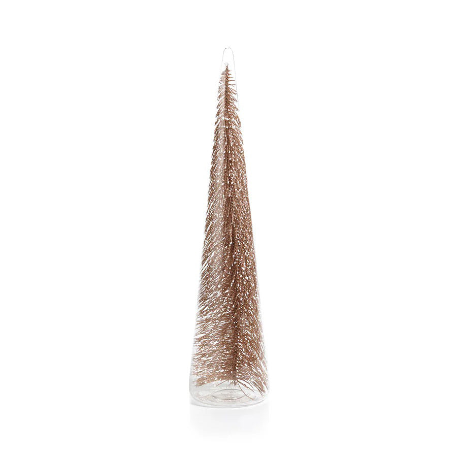 The ZODAX CLEAR GLASS DECORATIVE TREE WITH GLITTER - EXTRA LARGE is a cone-shaped glass ornament featuring a sparkling tree inside; measures 3.5 in x 15.5 in and stands upright on a white background.