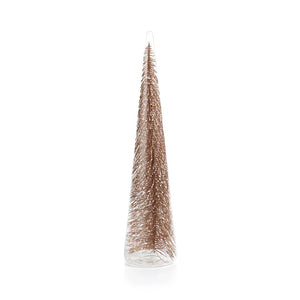 The ZODAX CLEAR GLASS DECORATIVE TREE WITH GLITTER - EXTRA LARGE is a cone-shaped glass ornament featuring a sparkling tree inside; measures 3.5 in x 15.5 in and stands upright on a white background.