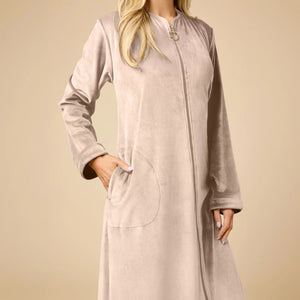 A long-sleeved, beige SOFTIES - SERENITY SHEAR MINK ZIP ROBE featuring a full-length zipper, round neckline, and two side pockets.