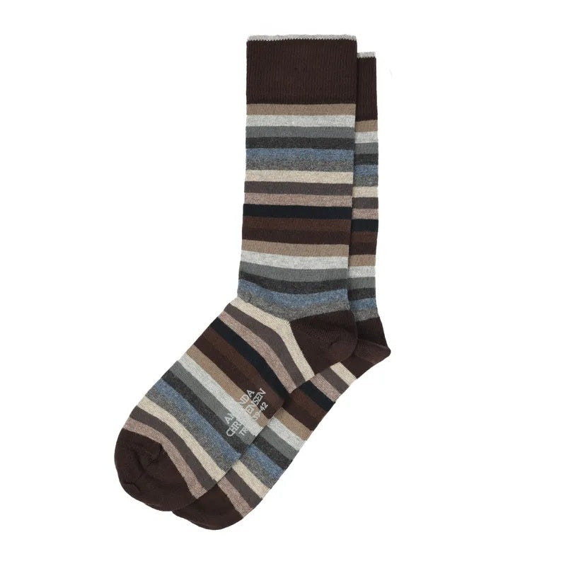 AMANDA CHRISTENSEN - TRUE BLOCK STRIPE MID-CALF SOCKS IN BROWN, featuring horizontal stripes in shades of brown, gray, and blue.