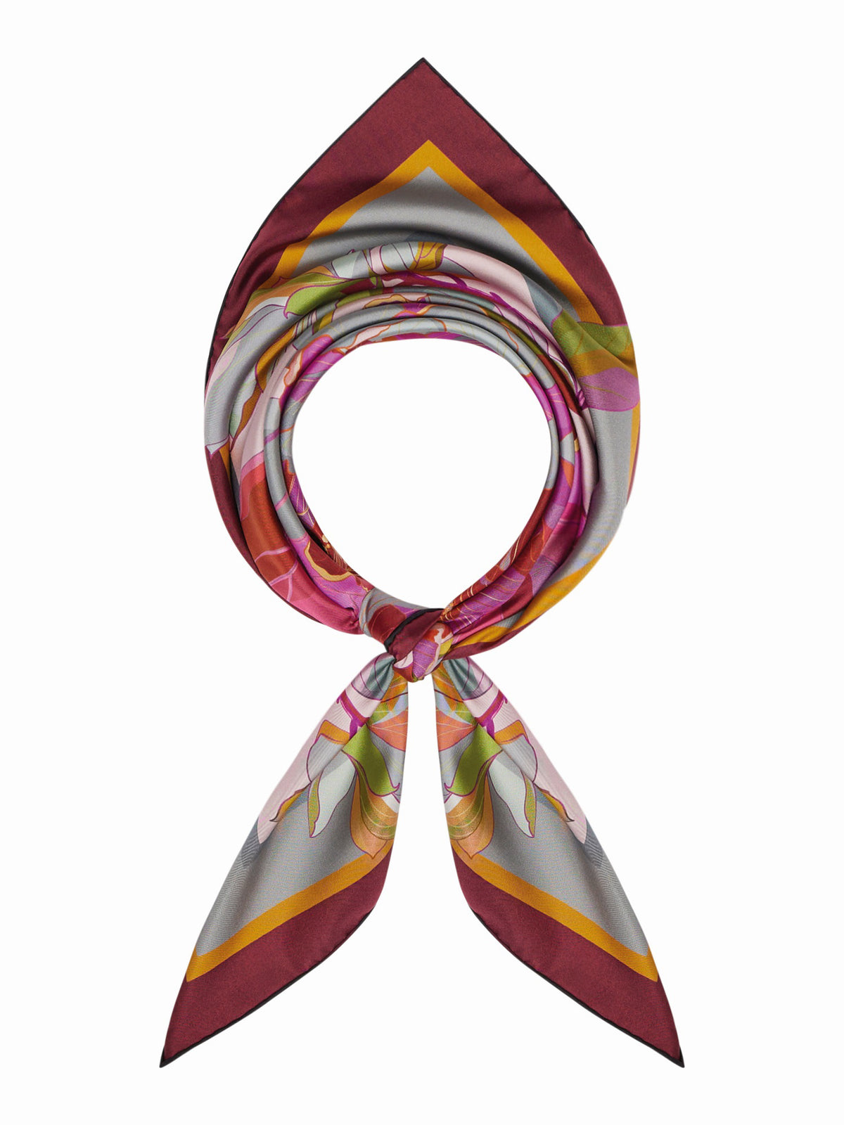 The FRANCO FERRARI - CIALDA Reversible Silk Scarf 90x90 features a symmetrical, oversized floral pattern in purple, brown, cream, and black with mirrored stylized flowers and leaves radiating from the center.