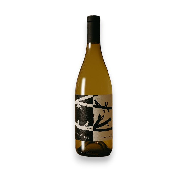 The MARKED TREE GRÜNER VELTLINER 2023 from WINE: MARKED TREE features a black and white label with abstract branch designs, a dark green neck, and a light brown body that reflect the elegance of this Austrian grape variety.