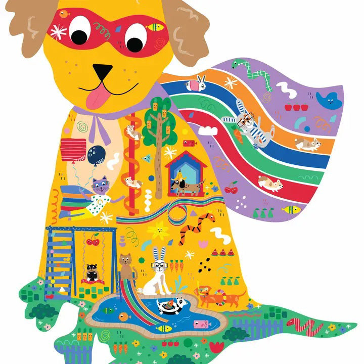 Introducing the FLOSS &amp; ROCK - SUPER DOG JIGSAW PUZZLE 40PC, a vibrant jigsaw featuring a dog in a superhero mask with chunky pieces displaying playful cats, rabbits, trees, and stars on a blue background. Perfect for ages 3 and up!.