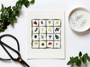 The PETAL PEOPLE PRESS - FLOWER QUILT CARD by PETAL PEOPLE PRESS features a grid of green stems filled with vibrant pressed flowers and leaves on a white background—a beautiful botanical design ideal for any blank notecard.
