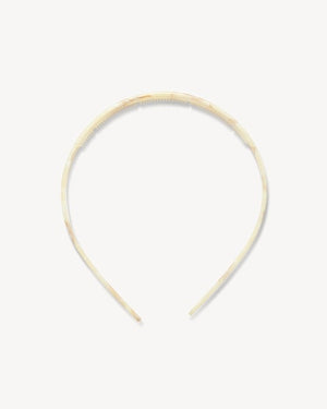 The MACHETE Ultralight Thin Headband in Creme is a sleek, lightweight Italian acetate accessory featuring a subtle marbled pattern in a creamy hue, shown against a plain white background.