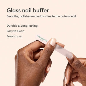 The MANUCURIST - GLASS BUFFER by MANUCURIST INC, shown alongside its rectangular light pink box with green text, is a recyclable premium nail buffer that delivers a flawless, polished-free shine.
