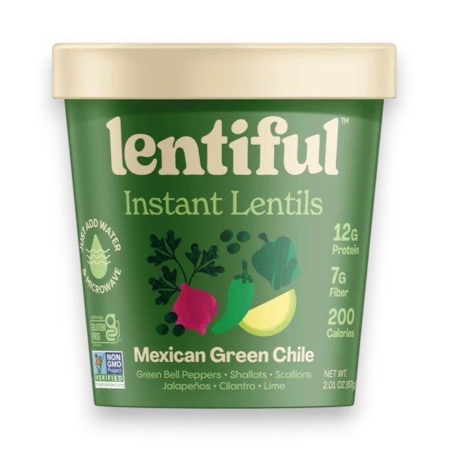 A container of LENTIFUL - MEXICAN GREEN CHILE INSTANT LENTILS is surrounded by fresh ingredients including green bell peppers, jalapeños, limes, cilantro, garlic cloves, onion slices, and green peas—all arranged on a vibrant green background.